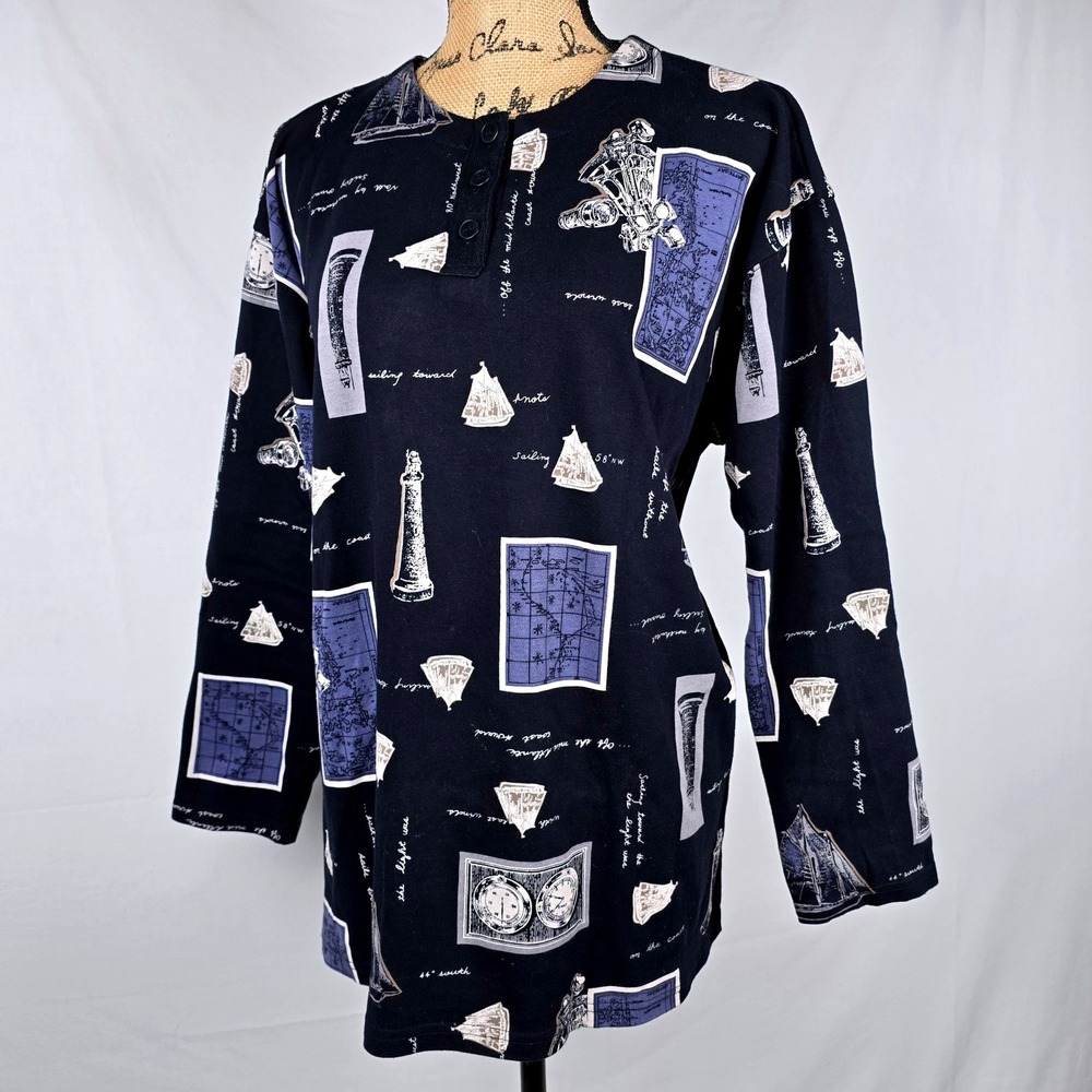 CHAUS SPORT Nautical Print‎ Long Sleeve Henley Shirt Women's Size L Navy Sailing